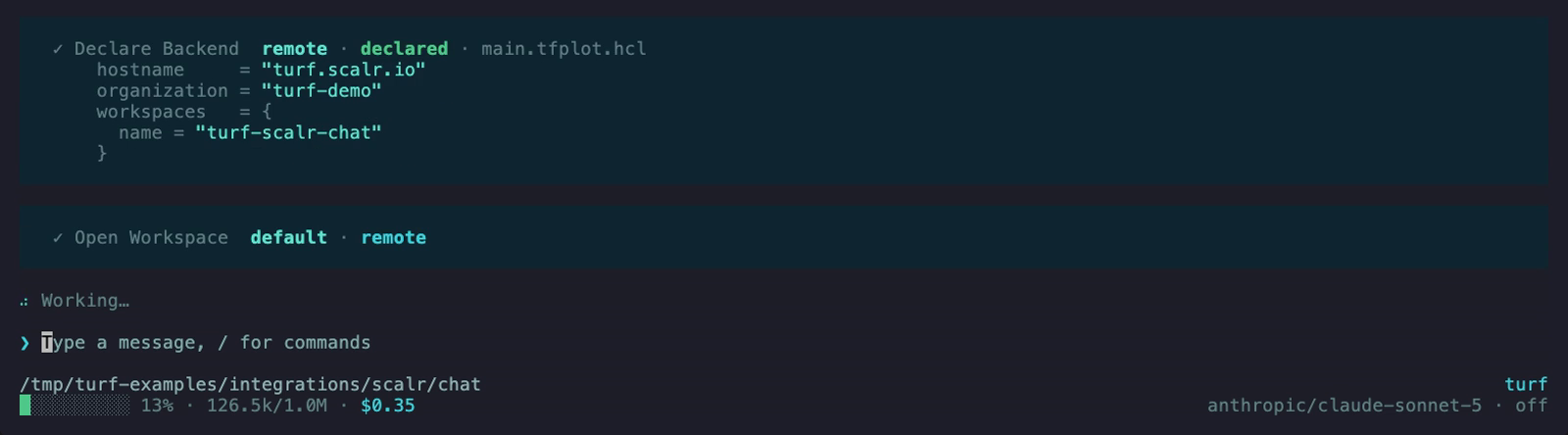 Turf's session log: Declare Backend remote, declared into main.tfplot.hcl, with hostname turf.scalr.io, organization turf-demo, and workspaces name turf-scalr-chat; then Open Workspace default, remote.