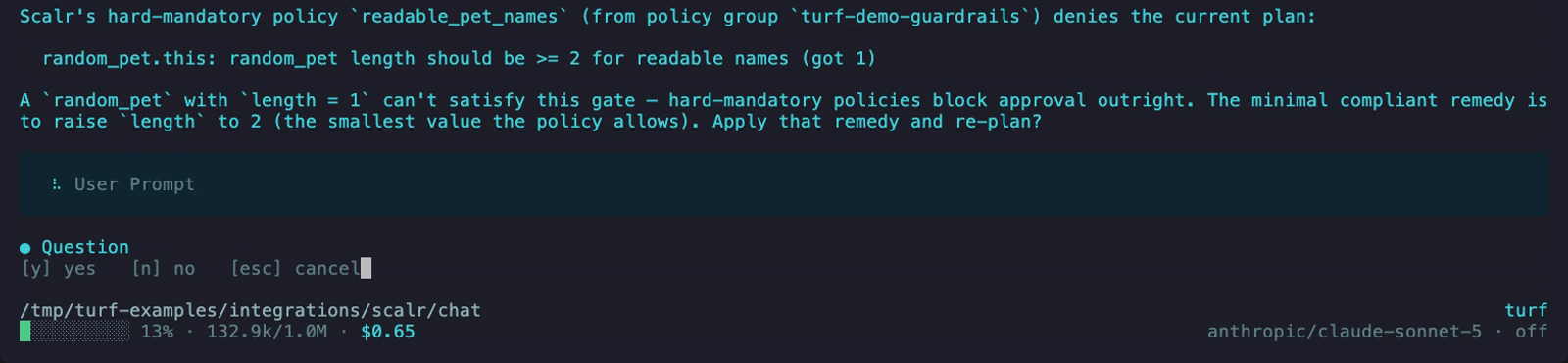 Turf's session log: Scalr's hard-mandatory policy readable_pet_names, from policy group turf-demo-guardrails, denies the current plan because random_pet length should be at least 2 and got 1. Turf proposes raising length to 2 and asks whether to apply that remedy and re-plan, with a yes / no / cancel prompt.